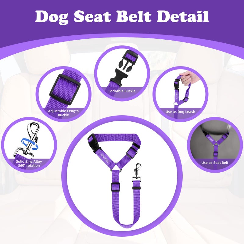 BWOGUE 2 Packs Dog Cat Safety Seat Belt Strap Car Headrest Restraint Adjustable Nylon Fabric Dog Restraints Vehicle Seatbelts Harness Purple - Image 3